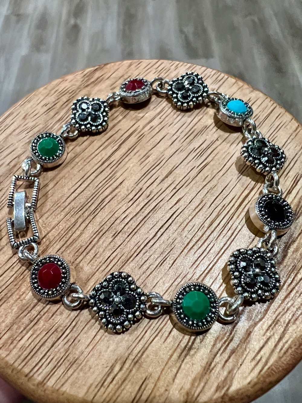 Silver tone Multi-Stone Floral Link Bracelet - Green, Red, Turquoise, Black